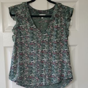 Lucky Brand Green Floral V-Neck Blouse